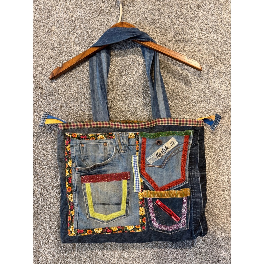 Handmade Upcycled Denim Patchwork Tote Bag Boho Artisan Multi Pocket Shoulder